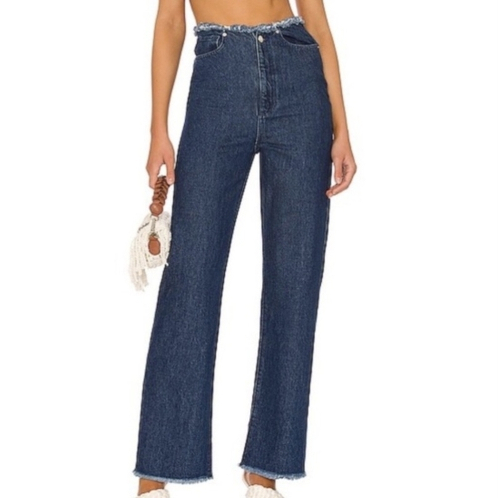 WeWoreWhat Frayed Waist & Hem High-Rise Straight Leg Blue Denim Jeans Size 28